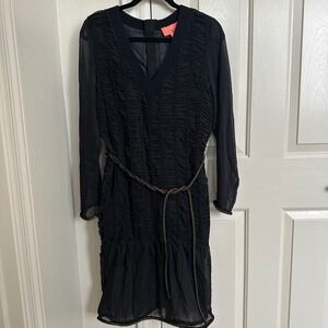 Manoush Paris Black Ruched Chiffon Mini Dress with Gold Rope Belt – FR 42 US 10